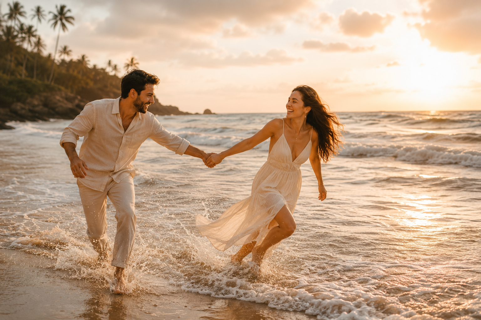 Tema editorial com casal correndo no mar